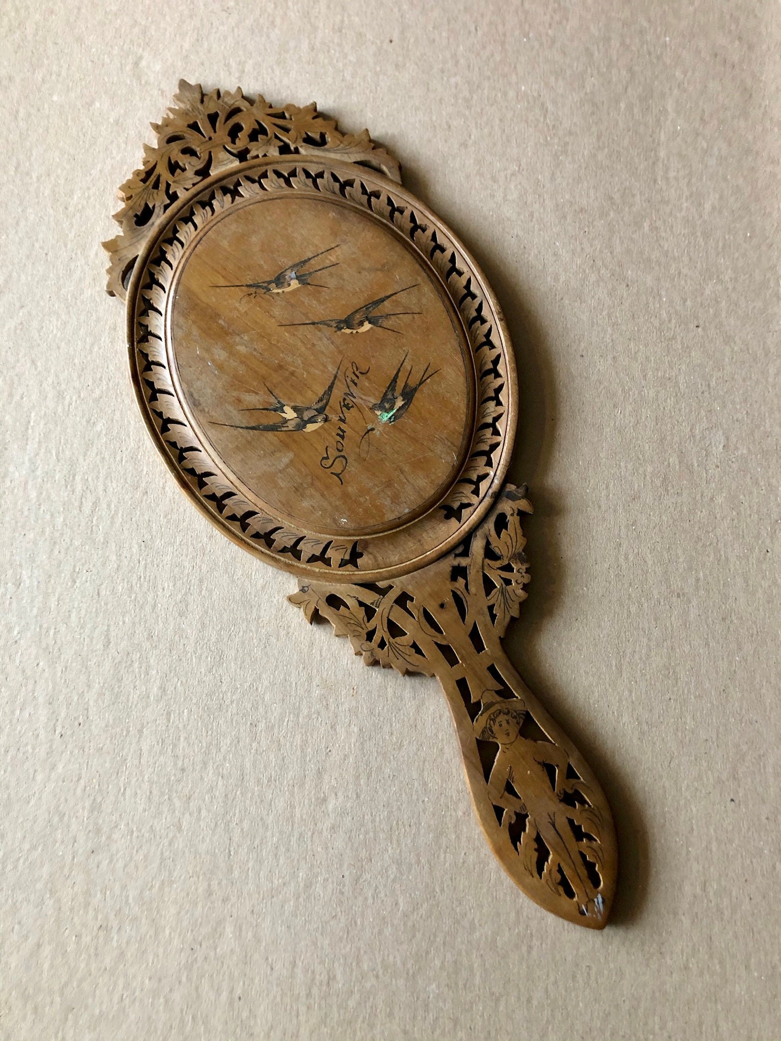 Large Antique Italian Grand Tour Souvenir Pierced Olivewood Hand
