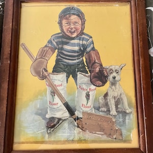 Cartel publicitario de harina de portero de hockey y perro Robin Hood