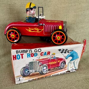 Vintage Japan Tin Friction Bump N Go Hotrod Toy Car, Original Box