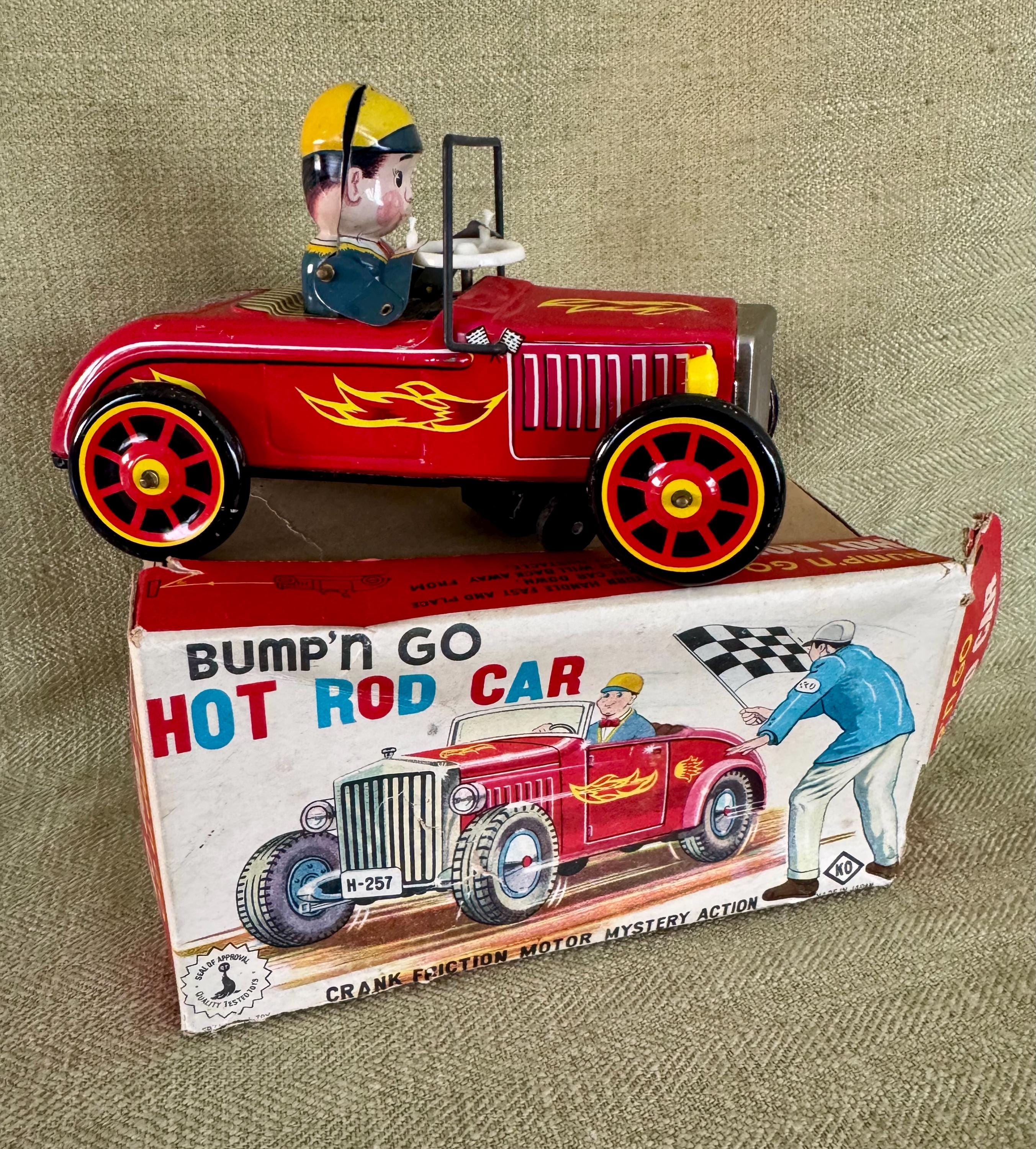 Vintage Japan Tin Friction Bump N Go Hotrod Toy Car, Original Box