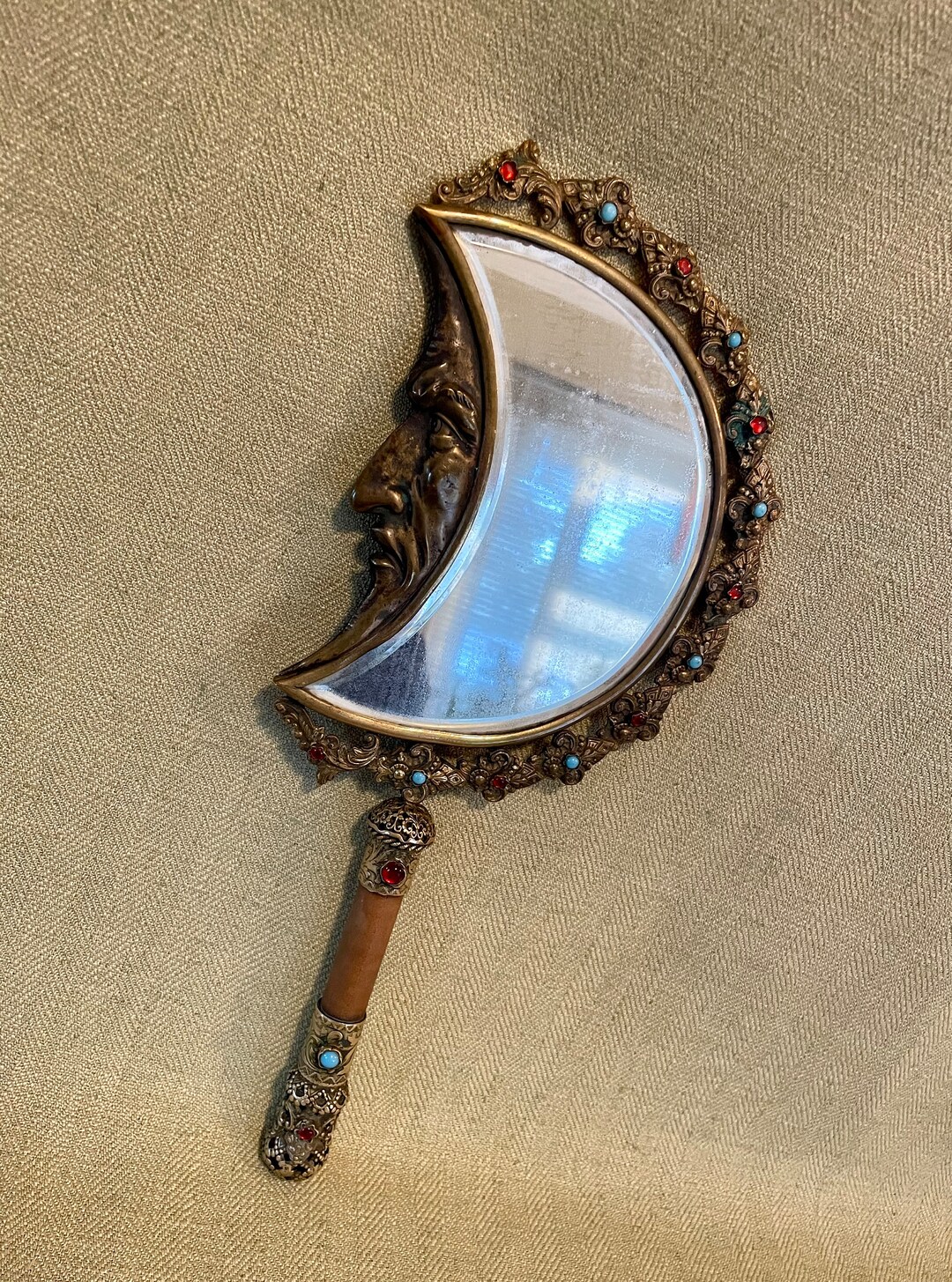Antique French Hand Mirror With Crescent Moon Face Man Etsy