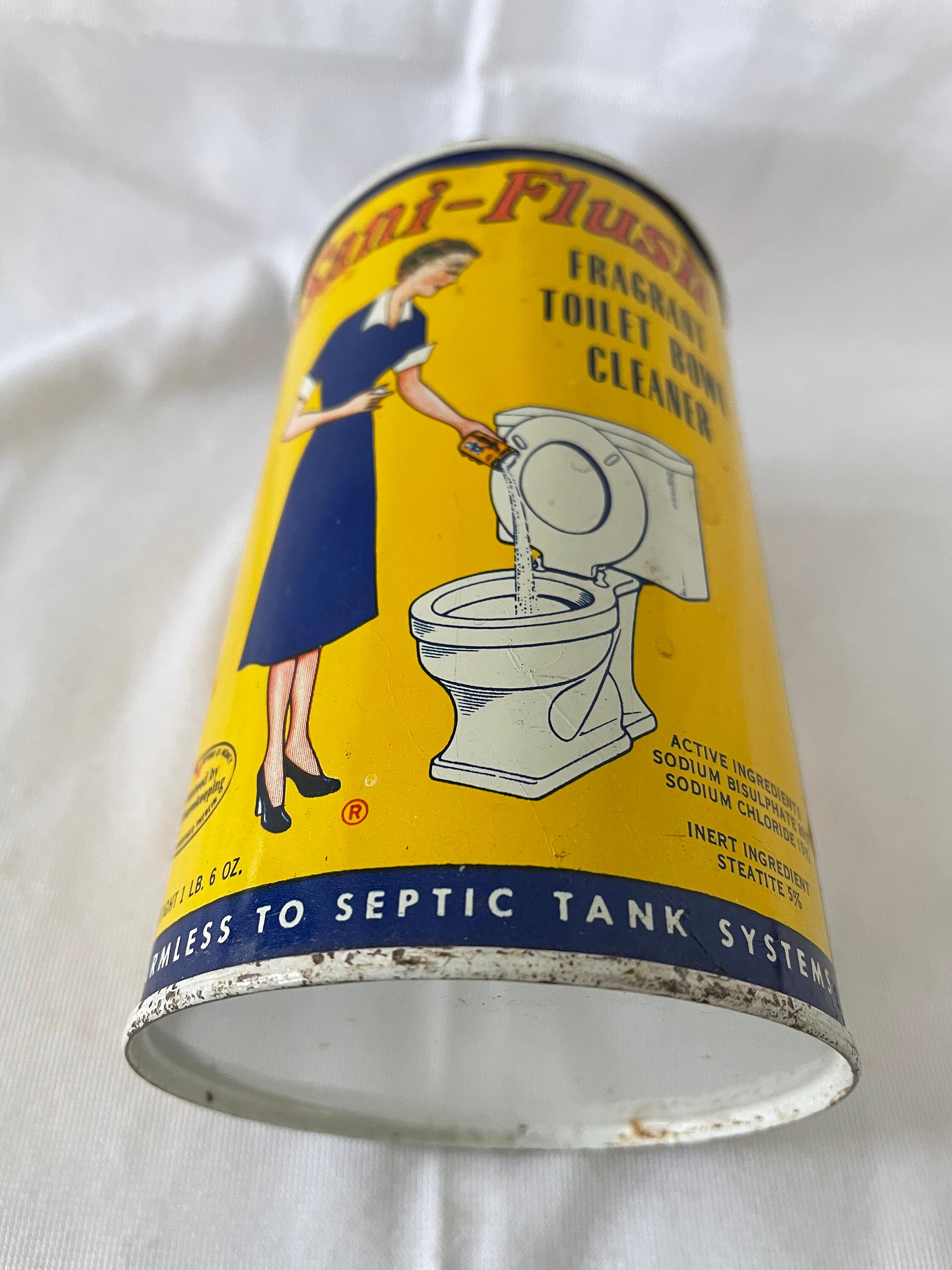 Vintage 1950's Sani Flush Poison Toilet Cleaner Can, Advertising