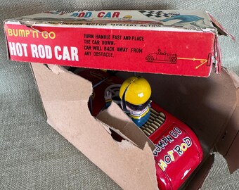 Vintage Japan Tin Friction Bump N Go Hotrod Toy Car, Original Box