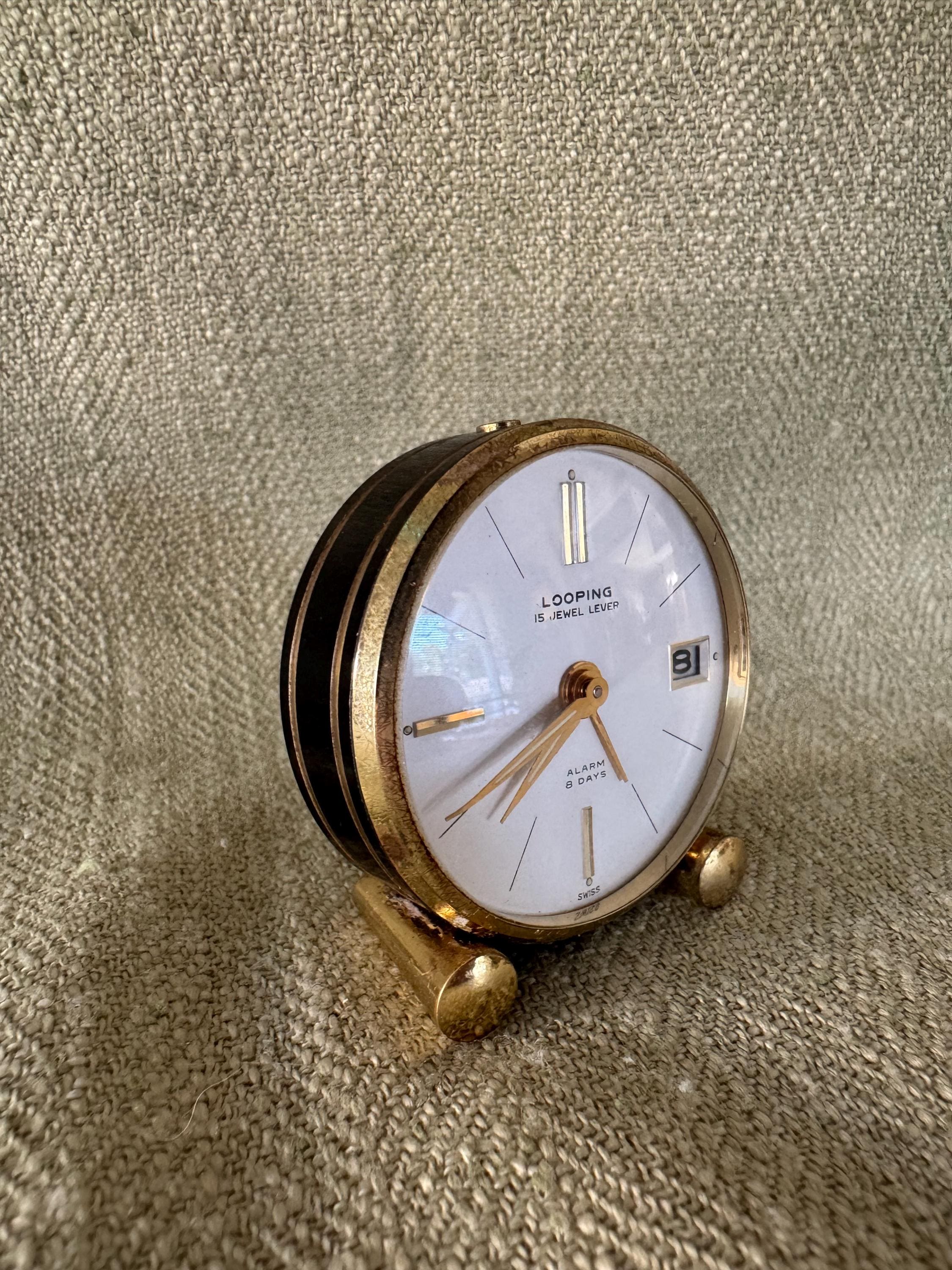 Art Deco 1940's-50's Miniature Swiss Travel Alarm Clock, Looping