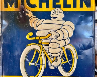 Original 1930's Michelin Man Bicycle Balloon Tire Sign, Embossed