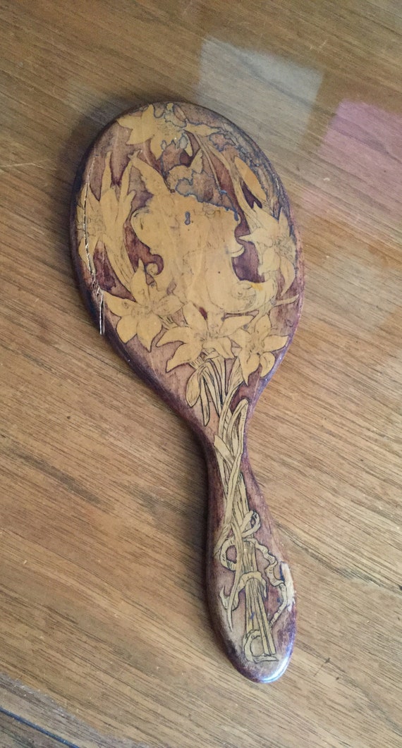 Antique Inlaid Art Nouveau Folk Art Hand Mirror