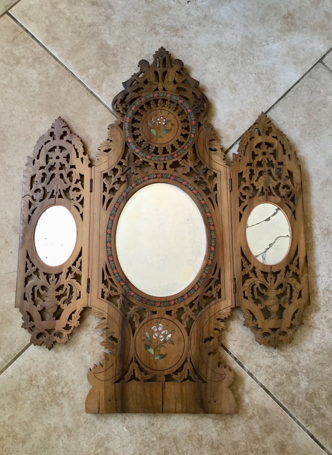 Antique Danish Tri Fold Shaving Mirror, Lattice Work, Cupids