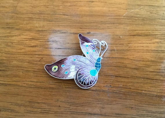 Antique Sterling Silver Cloisonne Butterfly Brooc… - image 2