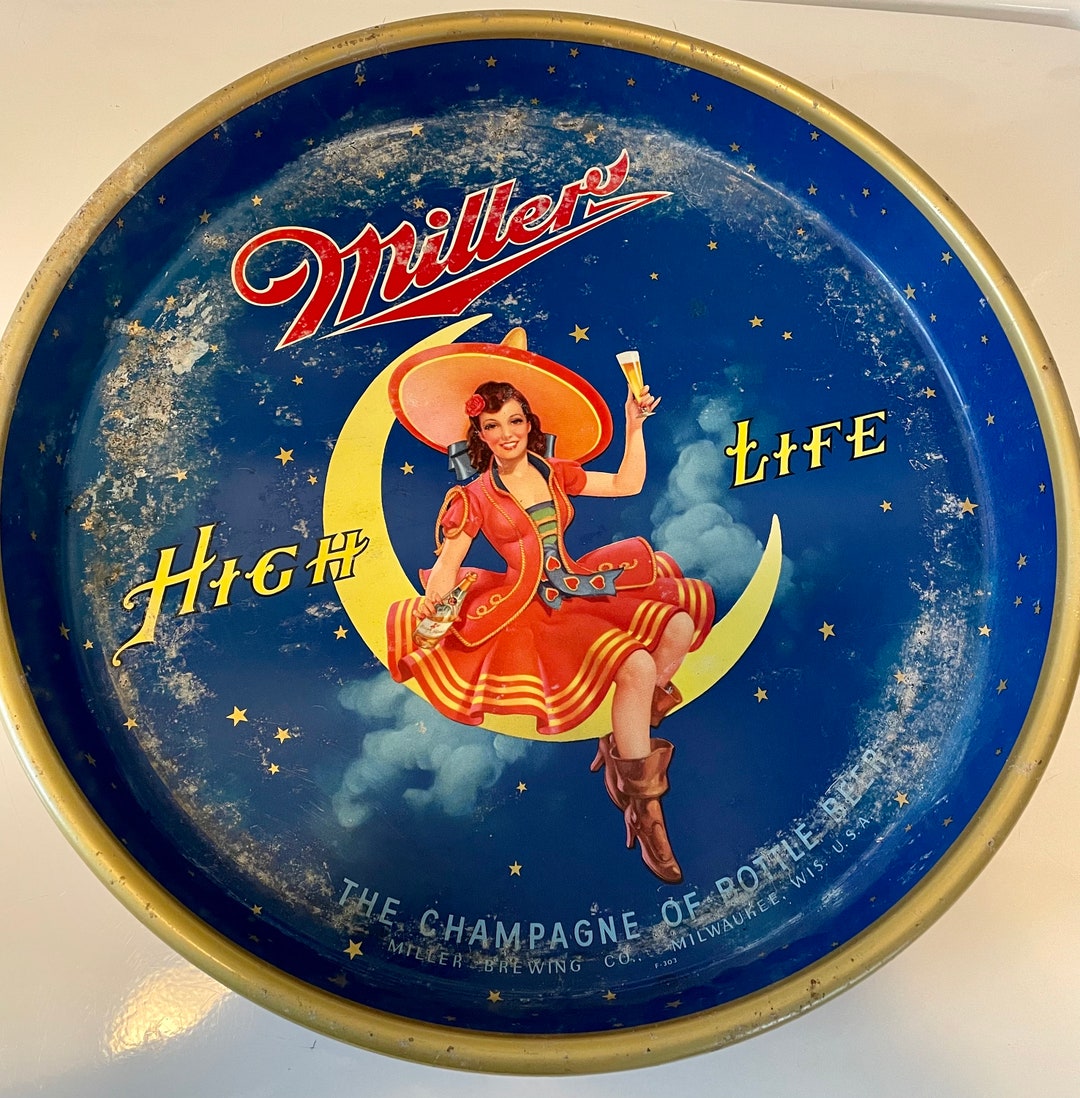 Vintage Miller Béer Witch Sitting on Crescent Moon Beer Tray