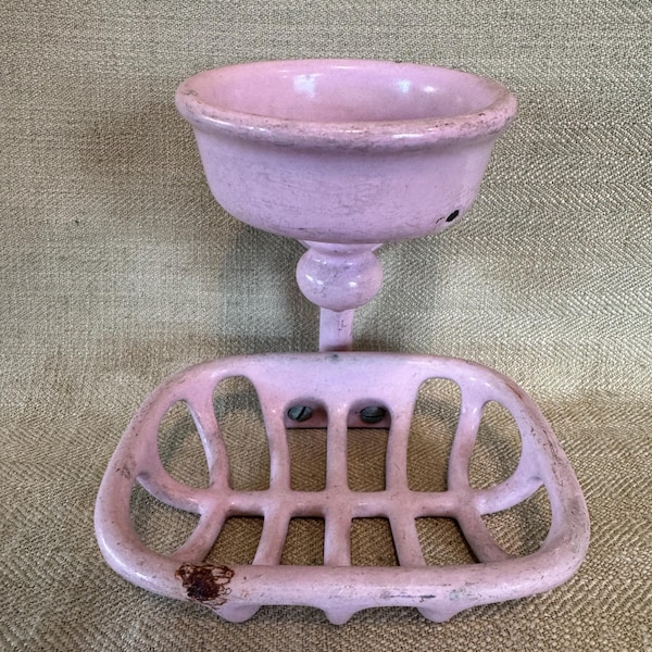 Pretty Original 1950’s Pink Porcelain Enamel Wall Mount Soap Dish and Cup Holder