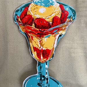 Original 1950's Embossed Tin Strawberry Ice Cream Sundae Sign, CP