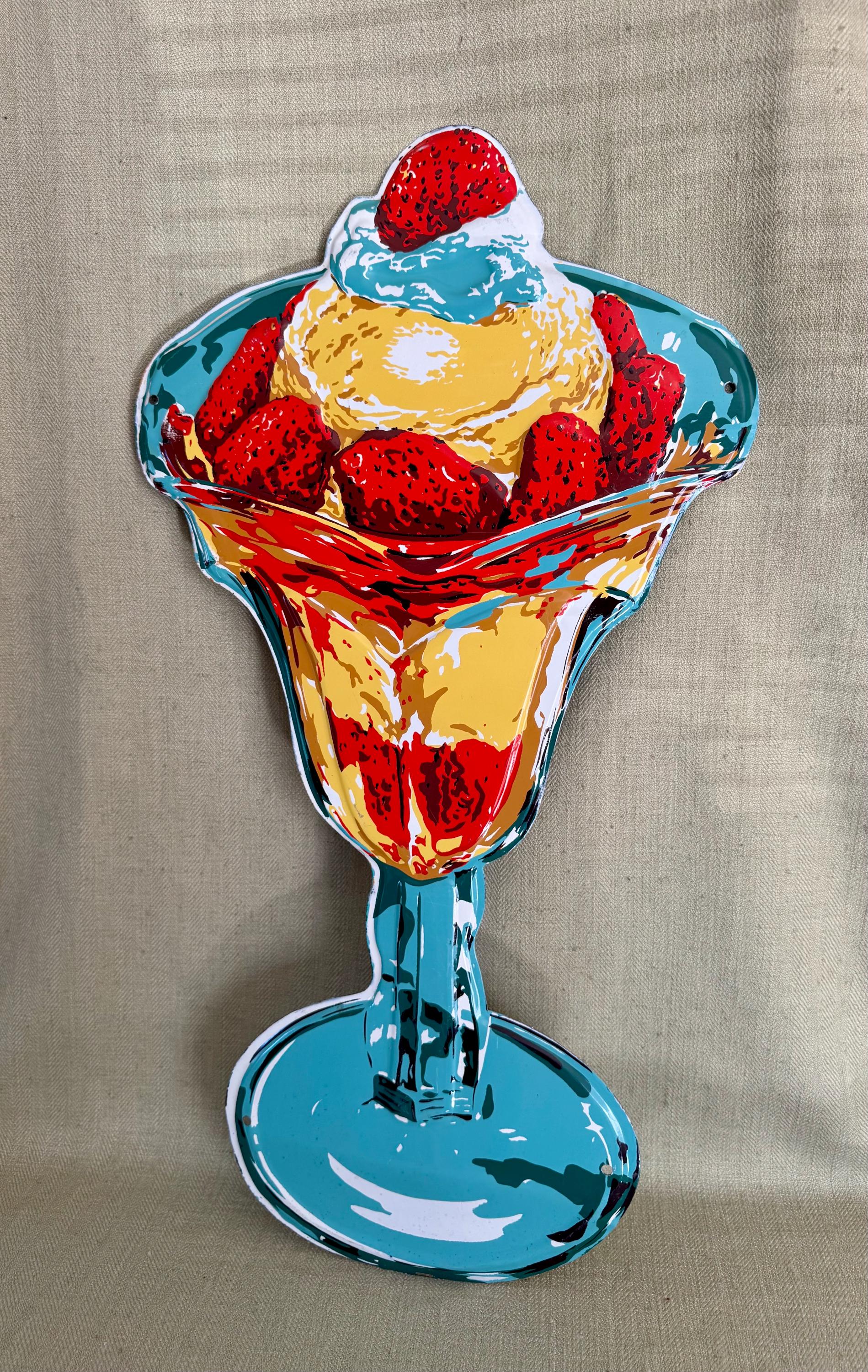 Original 1950's Embossed Tin Strawberry Ice Cream Sundae Sign, CP
