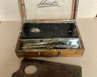 1920’s Parisian Artist Painter’s Box with Pallet, Knives and Original Sketchbook