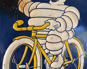 Original 1930's Michelin Man Bicycle Balloon Tire Sign, Embossed