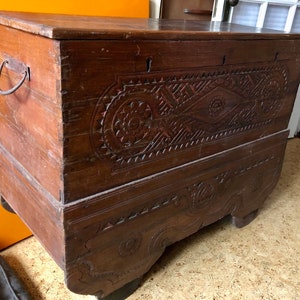 Large 19th Century Indonesian Chip Carved Chest, Trunk on Wood Wheels