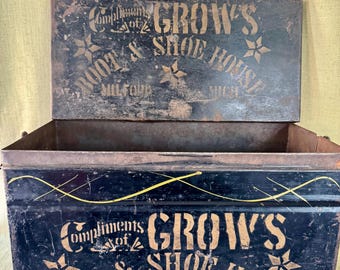 Caja publicitaria de hojalata del siglo XIX, Grows Boot and Shoe House