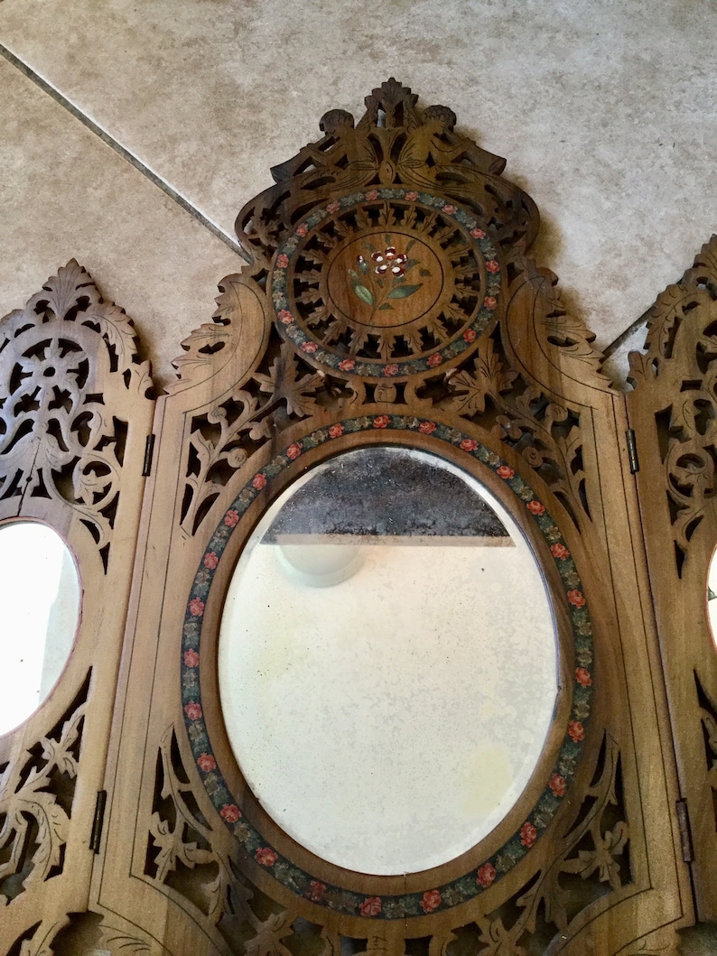 Antique Danish Tri Fold Shaving Mirror Lattice Work Etsy