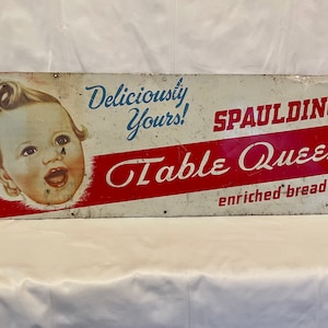 Original Table Queen Bread Tin Advertising Sign with Creepy Baby