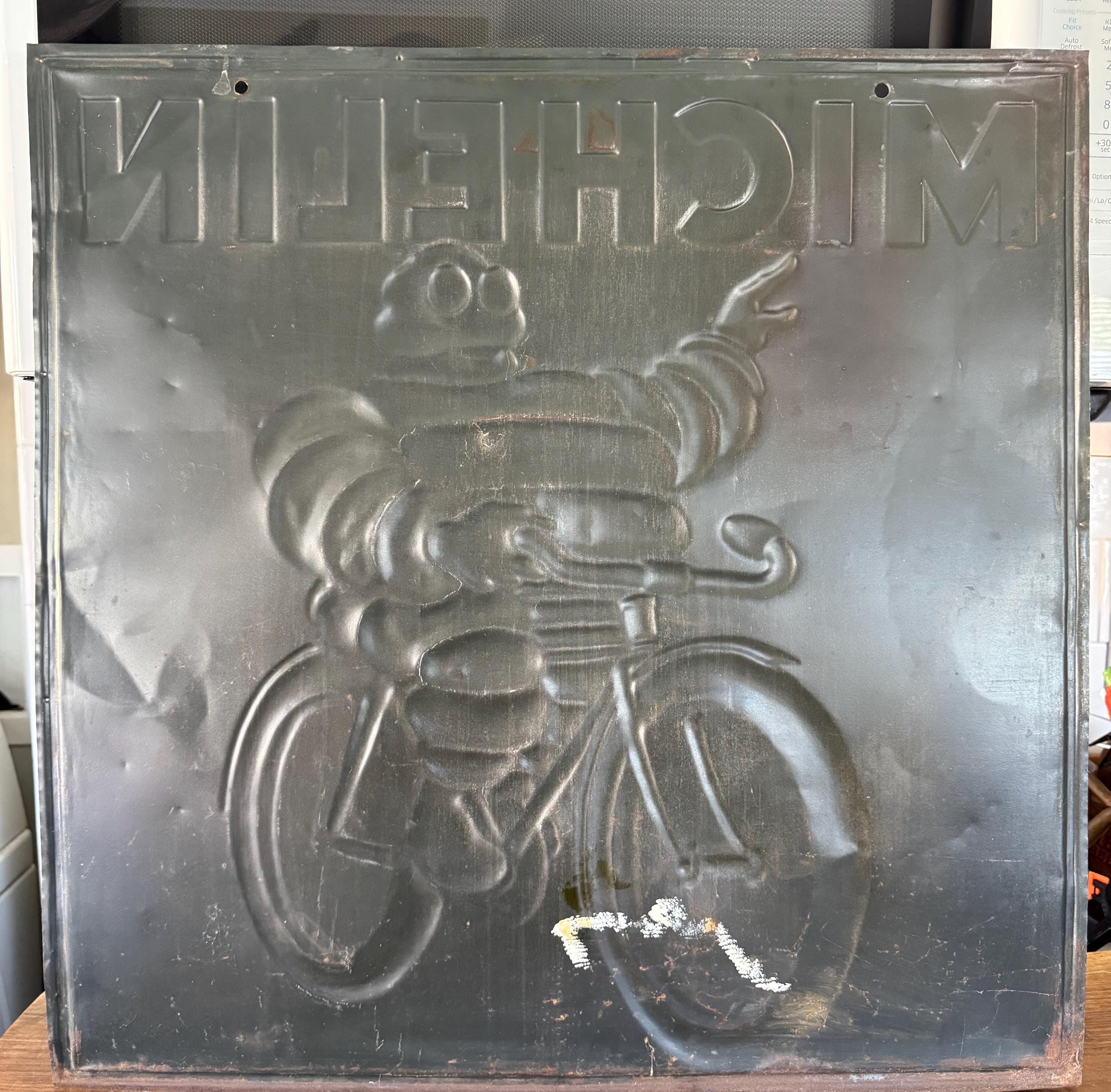 Original 1930's Michelin Man Bicycle Balloon Tire Sign, Embossed