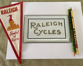 Antique Reverse Etched Scalloped Edge Raleigh Cycles Advertising Sign with extras
