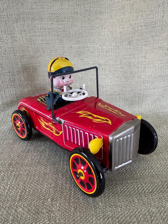 Vintage Japan Tin Friction Bump N Go Hotrod Toy Car, Original Box