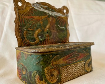 19th Century Fire Breathing Serpents and Dragons Embossed Tin Matchsafe, Match Holder