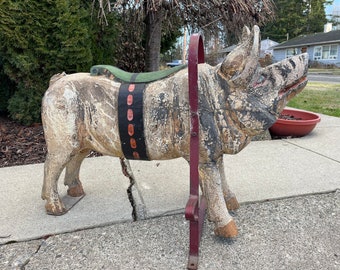 Antique Folk Art Carnival Ride On Pig, Hand Carved, Painted, 1920’s