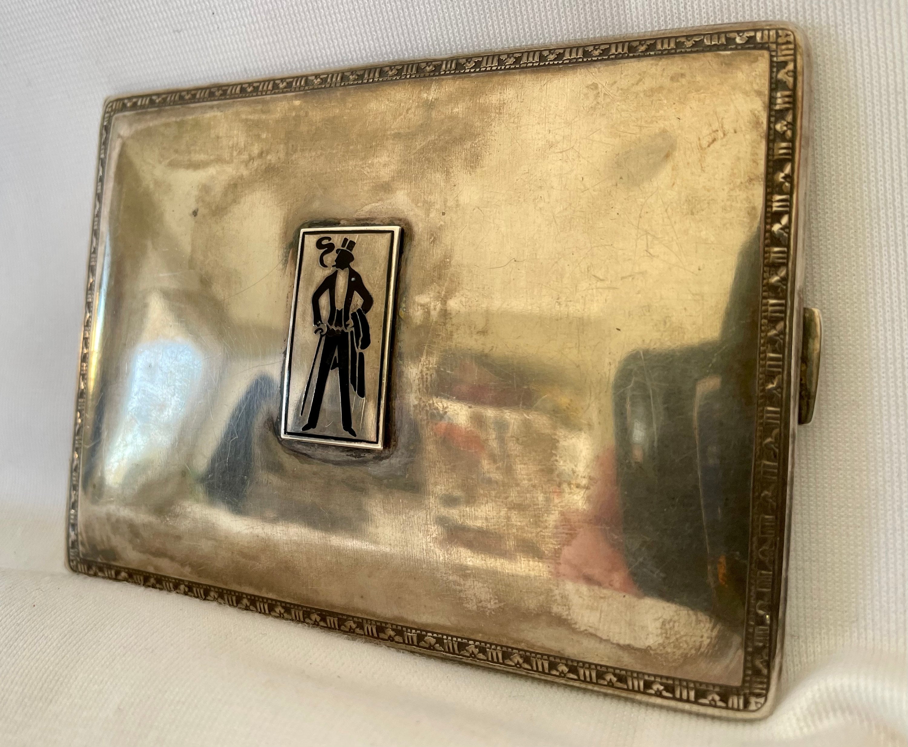 gentleman's cigarette case Antique Art Deco Webster Silver Cigarette Case With Enameled Gentleman