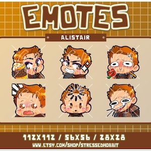 May include: A digital art graphic featuring six cartoon emotes of a character named Alistair. The emotes display various expressions, including holding a drink, surprise, blushing, and crying. The word "EMOTES" is at the top.