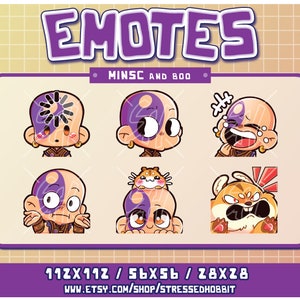 Puede incluir: Un conjunto de seis emoticonos digitales que representan a un personaje de piel morada con un símbolo yin-yang en la cabeza. El personaje se muestra con diferentes expresiones, incluyendo un símbolo de carga, una expresión de sorpresa, una expresión de risa y una expresión de confusión. Los emoticonos son de 112x112 píxeles, 56x56 píxeles y 28x28 píxeles. Los emoticonos se titulan "Minsc y Boo".