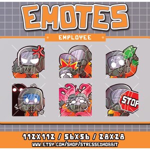 May include: Set of six digital emoticons featuring a cartoon character wearing a gas mask and an orange jumpsuit. The character is expressing different emotions, including anger, sadness, and happiness. The emoticons are 112x112 pixels, 56x56 pixels, and 28x28 pixels.