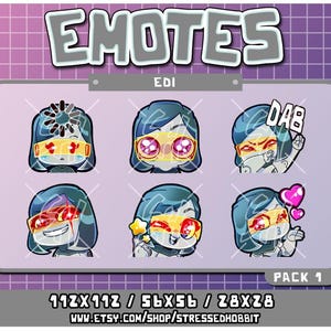 May include: A set of six digital emoticons featuring a blue-haired character with different expressions. The emoticons include a loading screen, a heart-eyed expression, a dabbing pose, a surprised expression, and a wink. The emoticons are 112x112 pixels, 56x56 pixels, and 28x28 pixels.