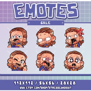May include: Six cartoon emotes of a character named Gale. The emotes are in a grid of three rows and two columns. The emotes show different expressions, including surprised, angry, and happy. The emotes are in a cartoon style and are designed for use in online chat.