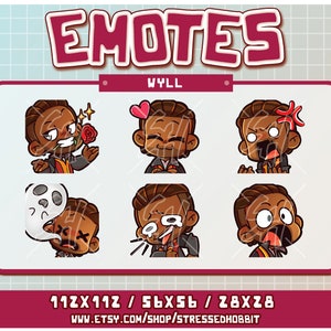 May include: A digital art graphic featuring six cartoon emotes of a person with brown skin and hair, each expressing a different emotion. The word "EMOTES" is at the top, and the Etsy shop URL is at the bottom.