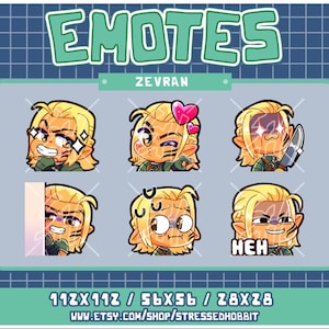 May include: A digital art print featuring six cartoon emotes of a character with blonde hair and green clothing. The emotes display various expressions, including anger, love, and confusion. The word "EMOTES" is at the top, with the name "ZEVRAN" below it.