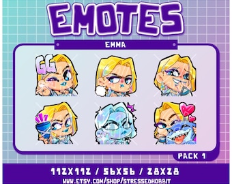 May include: A digital art graphic featuring six cartoon emotes of a blonde character with various expressions. The word "EMOTES" is at the top, with "EMMA" below. The bottom has the text "PACK 1" and a website address.