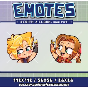 May include: Digital artwork featuring two cartoon characters, Cloud and Aerith, giving a high five. The image has a blue and white border with the word "EMOTES" at the top. The text "AERITH & CLOUD- HIGH FIVE" is also present.
