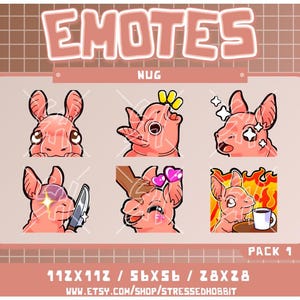 May include: A set of eight pink cartoon character emoticons with different expressions. The character is a pink creature with large ears and a small mouth. The emoticons are arranged in a grid of four rows and two columns. The text "NUG" is at the top of the grid, and the text "PACK 1" is at the bottom of the grid. The text "112X112 / 56X56 / 28X28" is below the grid, and the text "www.etsy.com/shop/stressedhobbit" is below that.