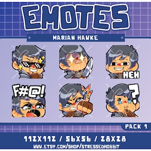 May include: A set of nine digital emoticons featuring a cartoon character with different expressions. The character has blue hair, brown eyes, and is wearing a red and black outfit. The emoticons include expressions such as sunglasses, surprised, laughing, angry, and confused. The text "EMOTES" and "MARIAN HAWKE" are at the top of the image. The text "F#@!" is on one of the emoticons. The text "HEH" is on another emoticon. The text "PACK 1" is at the bottom of the image. The text "11ZX112 / 56X56 / Z8XZ8" is below the text "PACK 1". The text "WWW.ETSY.COM/SHOP/STRESSEDHOBBIT" is below the text "11ZX112 / 56X56 / Z8XZ8".