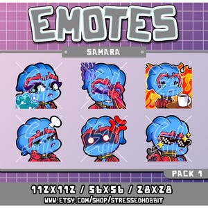 May include: A digital art pack titled "EMOTES" featuring six blue-skinned cartoon characters with various expressions. The characters have red accents and are set against a purple grid background. The text "SAMARA" and "PACK 1" are also visible.