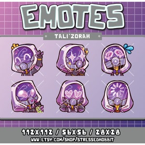 May include: Set of six purple and white animated emotes featuring a character with a purple hooded cloak and a gas mask. The emotes are in various poses, including winking, blushing, and holding a drink. The text "EMOTES" and "Tali'Zorah" are at the top of the image. The text "112X112 / 56X56 / 28X28" and "www.etsy.com/shop/stressedhobbit" are at the bottom of the image.