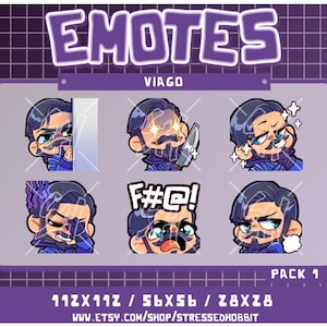 Peut inclure: Un ensemble de huit émojis animés violets et bleus représentant un personnage de dessin animé avec différentes expressions faciales. Le personnage a une barbe violette, des cheveux noirs et porte une chemise bleue. Le texte "EMOTES" est en haut de l'image, et le texte "VIAGO" est en dessous. Le texte "PACK 1" est dans le coin inférieur droit de l'image. Le texte "112X112 / 56X56 / 28X28" est sous le texte "PACK 1". Le texte "www.etsy.com/shop/stressedhobbit" est en bas de l'image.