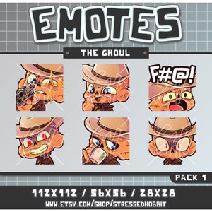 May include: A set of six animated emojis featuring a cartoon ghoul with different expressions. The ghoul is wearing a brown cowboy hat and a brown jacket. The emojis include the ghoul pointing a gun, giving a thumbs up, yelling "F#@!", smiling, drinking from a cup, and looking angry. The emojis are available in three sizes: 112x112, 56x56, and 28x28. The text "PACK 1" is in the bottom right corner of the image.