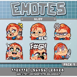 Puede incluir: Un conjunto de seis ilustraciones digitales de Aloy del videojuego Horizon Zero Dawn. Las ilustraciones están en un estilo de dibujos animados y muestran a Aloy con diferentes expresiones, incluyendo feliz, enojada y sorprendida. Los textos "HEH" y "F#@!" están incluidos en las ilustraciones. Los textos "112X112 / 56X56 / 28X28" y "WWW.ETSY.COM/SHOP/STRESSEDHOBBIT" también están incluidos en la imagen.