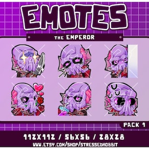 以下が含まれることがあります： 紫色のエイリアン風キャラクターが様々な表情を見せる、6つの絵文字のデジタルアートパック。「EMOTES」と「THE EMPEROR」の文字が紫色の背景に表示されています。パックは「PACK 1」とラベル付けされています。