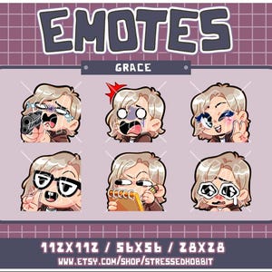 May include: A digital art print featuring six cartoon emotes with a person with blonde hair. The emotes display various expressions, including surprise, sadness, and joy. The word "EMOTES" is at the top, and the name "GRACE" is below it.
