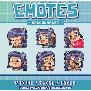 May include: Set of six digital emotes featuring a purple-haired character with different expressions. The emotes are in a grid format with the text "EMOTES" and "SHADOWHEART" at the top. The text "112X112 / 56X56 / 28X28" and "WWW.ETSY.COM/SHOP/STRESSEDHOBBIT" are at the bottom.