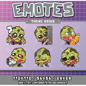 Puede incluir: Un conjunto de seis emoticonos digitales que presentan un personaje alienígena verde con diferentes expresiones. El personaje lleva un atuendo rojo y negro y un casco amarillo. Los emoticonos están en un formato de cuadrícula y están etiquetados como "EMOTES" y "THANE KRIOs".