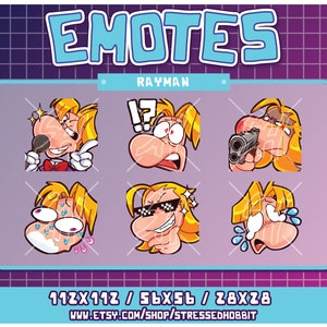 May include: A set of six Rayman character emotes in different expressions. The emotes are in a grid format with a blue and purple background. The emotes are 112x112, 56x56, and 28x28 pixels.