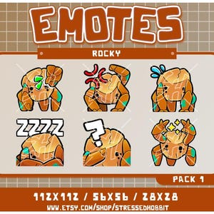 Può includere: Un pacchetto di arte digitale con sei emote con un design di personaggio roccioso. Le emote mostrano varie espressioni, tra cui rabbia, confusione e sonno. La tavolozza dei colori include sfumature di marrone, arancione e verde acqua. La parola "EMOTES" è in alto.